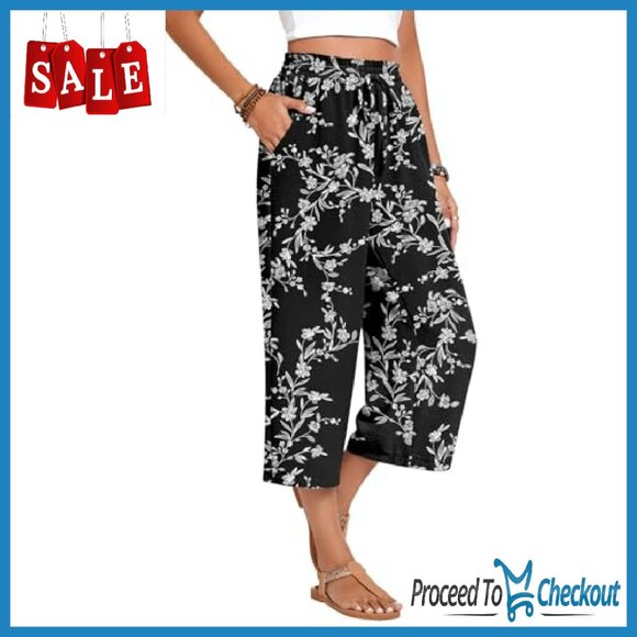 High Waist Wide Leg Capri Pants Drawstring Casual Lounge Palazzo Trousers - Picture 3 of 8